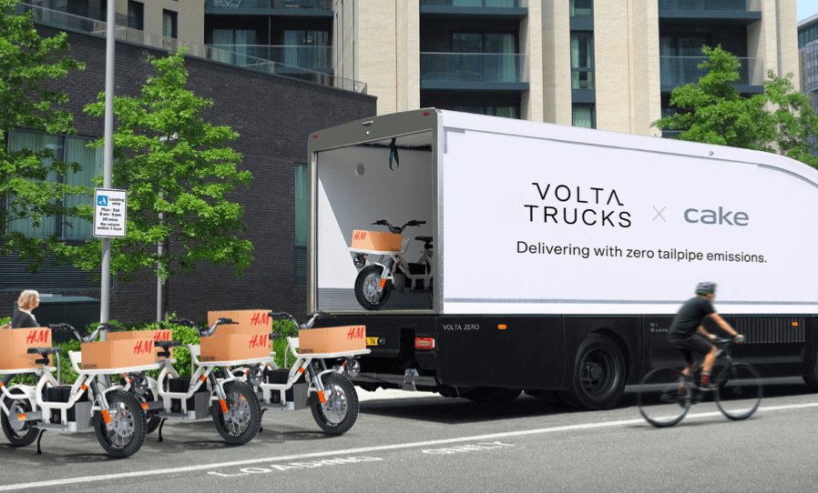 A rendering of a Volta Trucks x Cake truck delivering bikes
