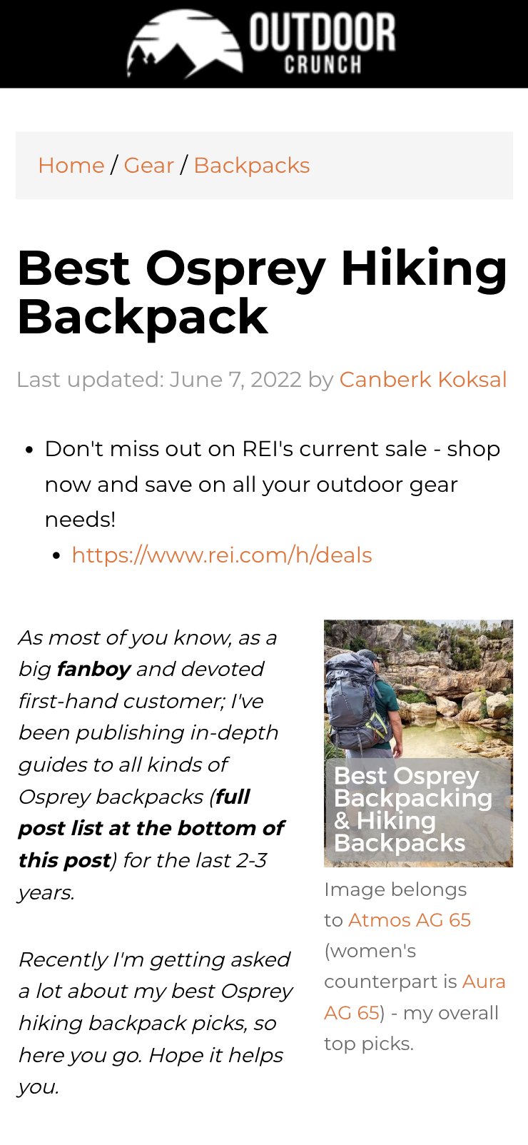 A screenshot of an Outdoor Crunch article