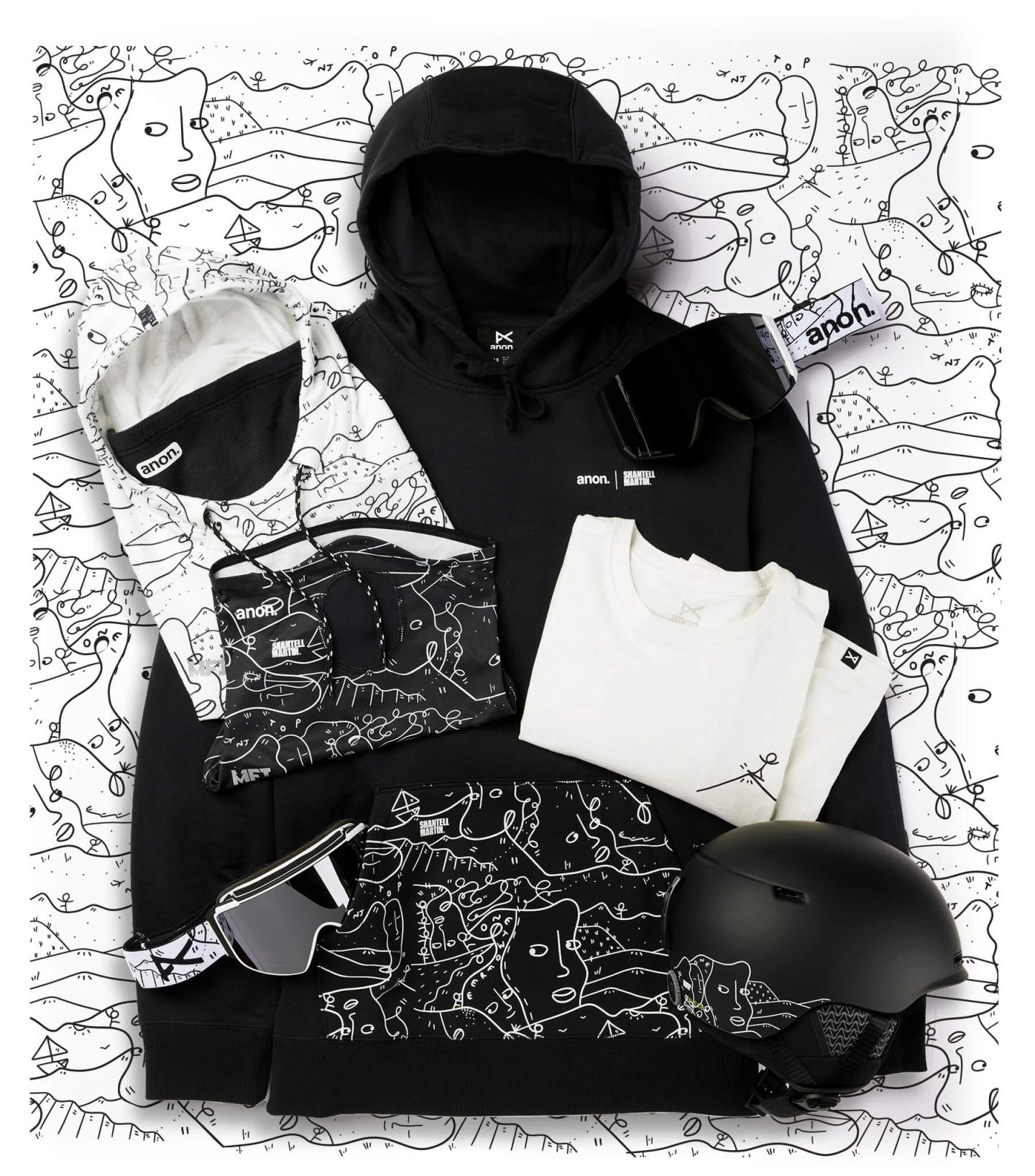 A flat lay of black and white Anon gear