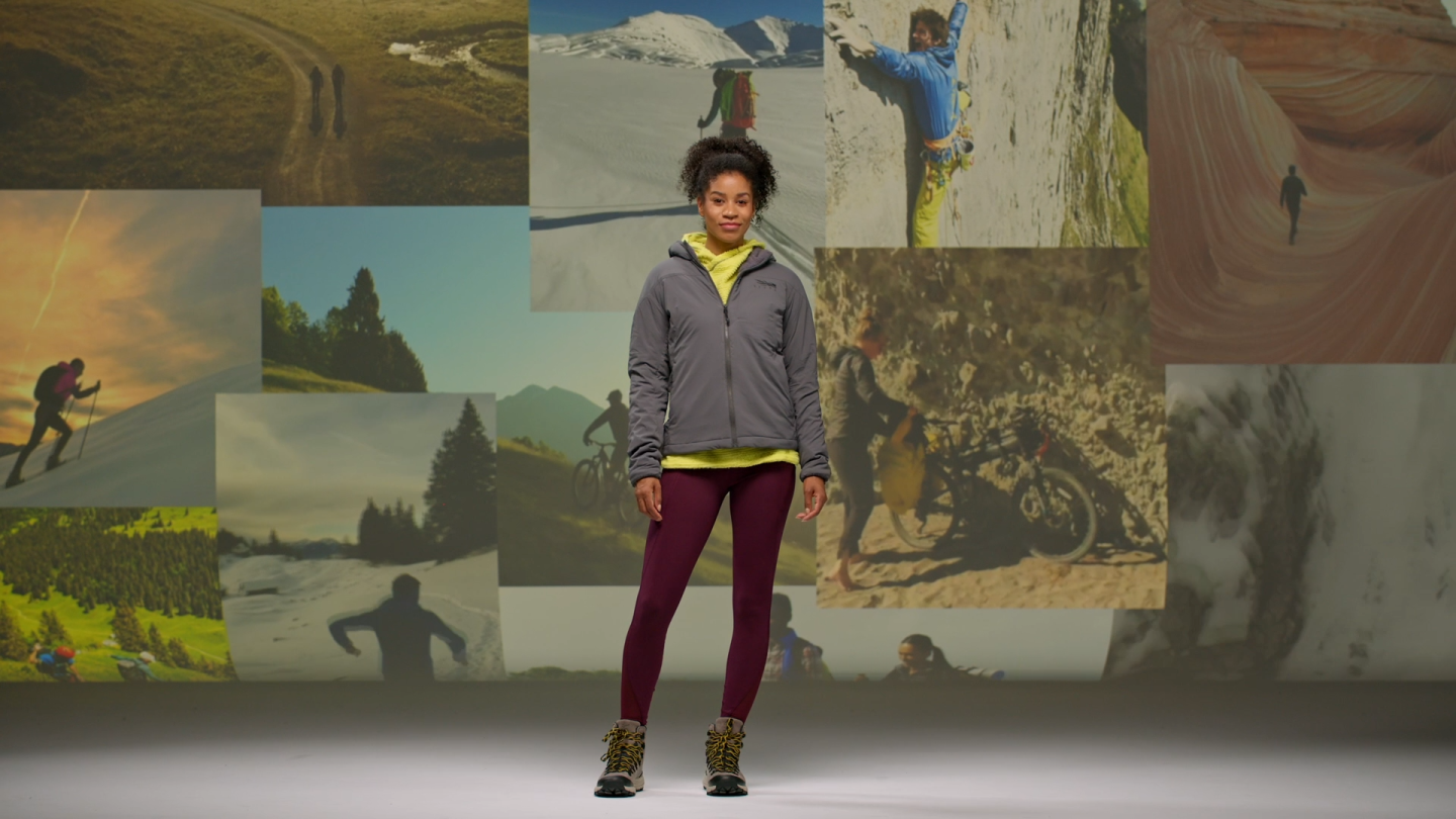 Woman wearing puffy coat standing in front of collage of outdoor activities