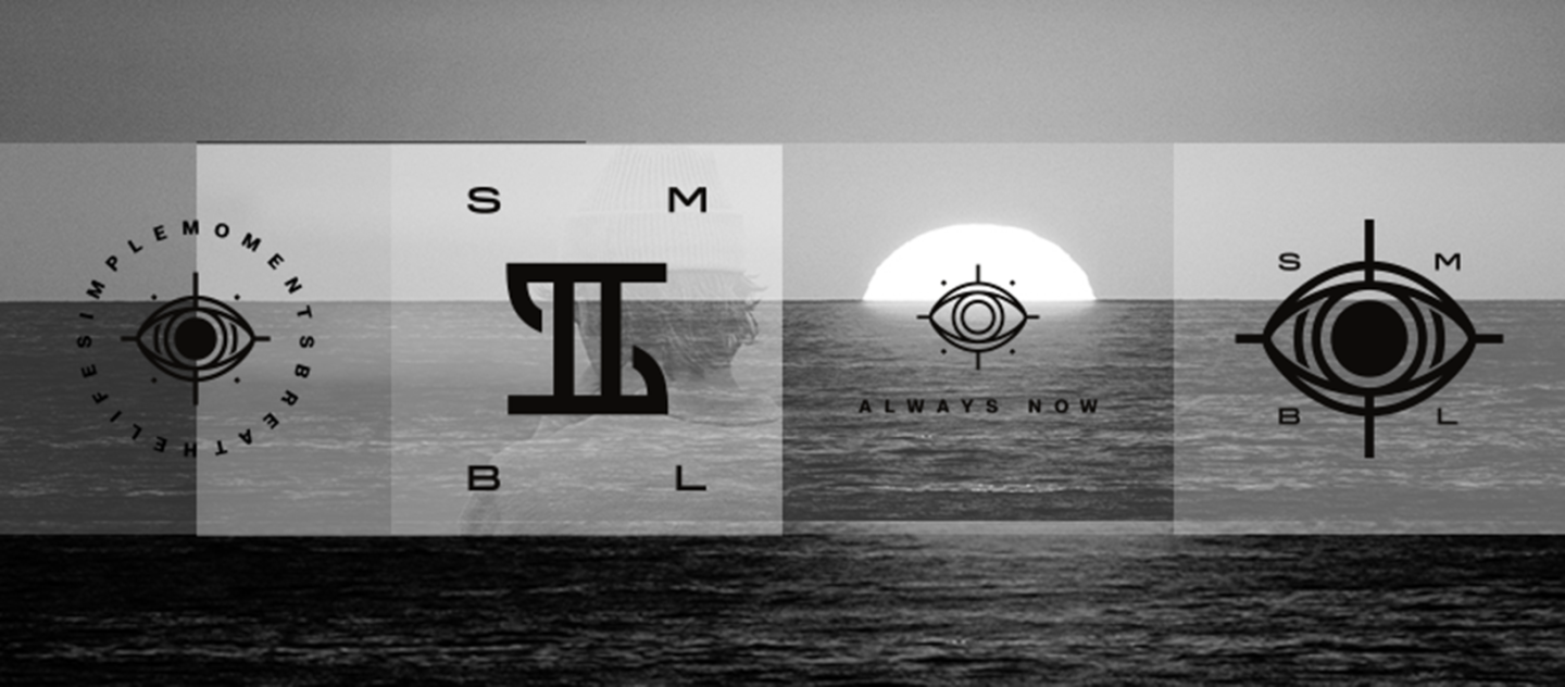 Black and white ocean sunset with geometric logos overlay.
