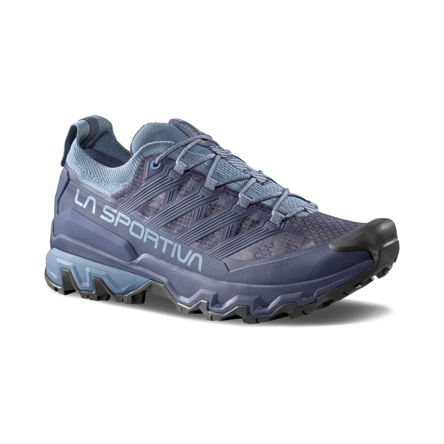 Trail-running shoe, blue with rugged sole, side view.