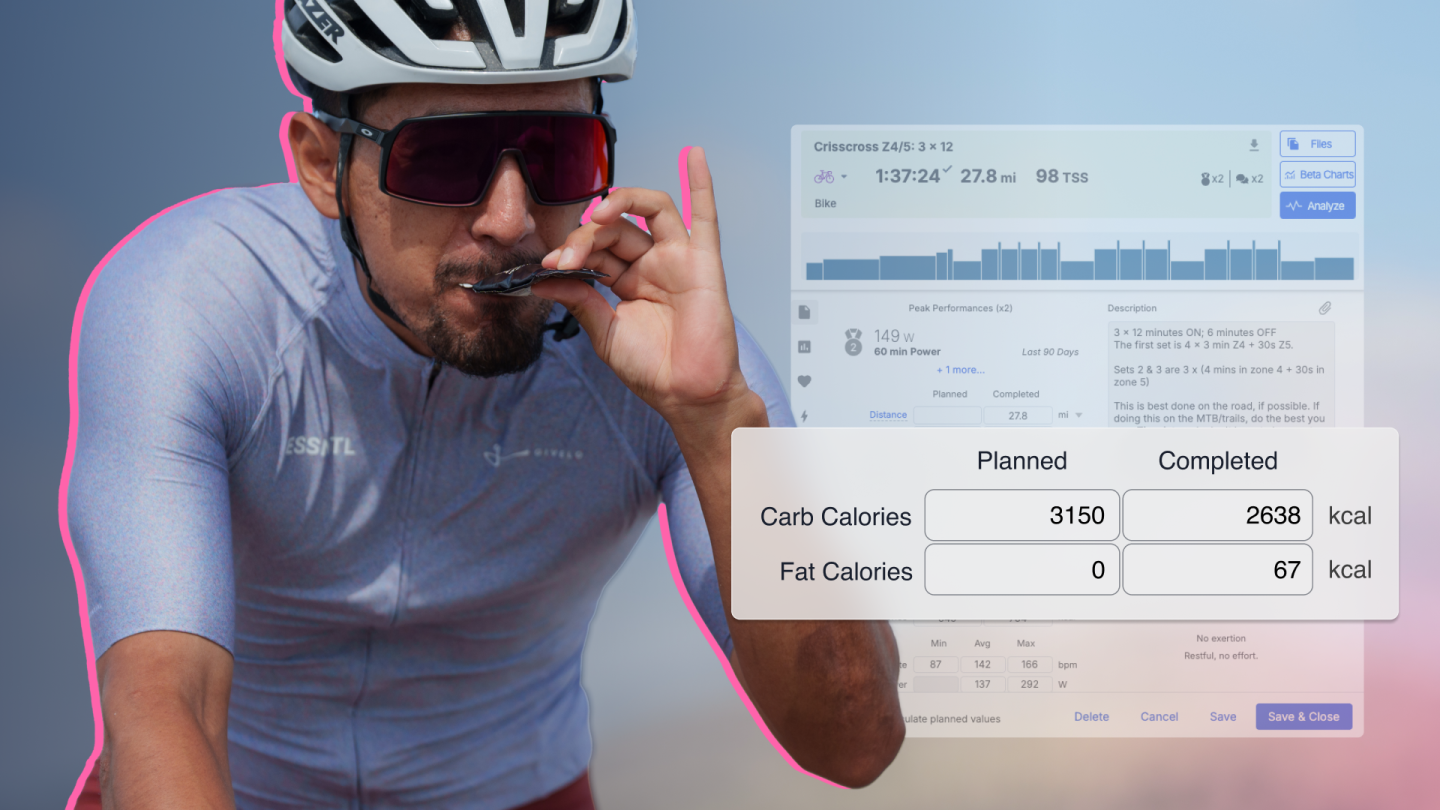 Cyclist in helmet and sunglasses with data graphics overlay.