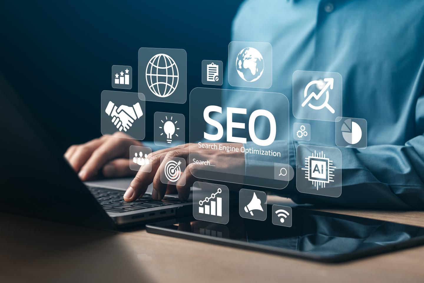 person typing on a keyboard with "SEO" text overlayed on top