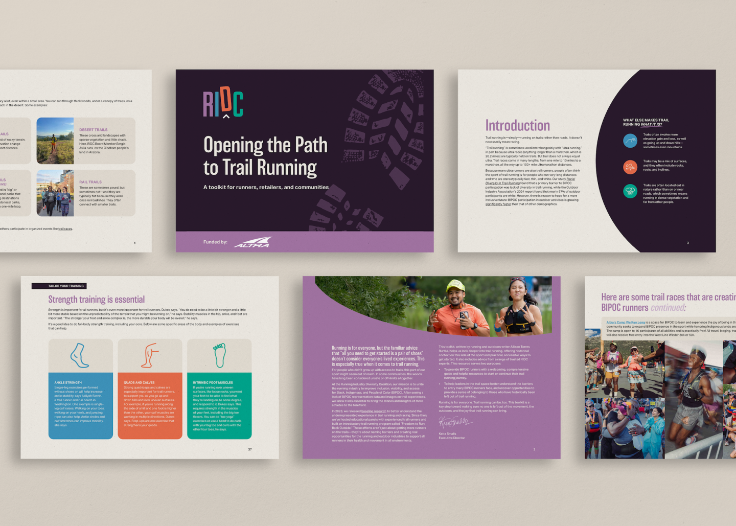 Trail running brochure with colorful graphics and diverse photos.