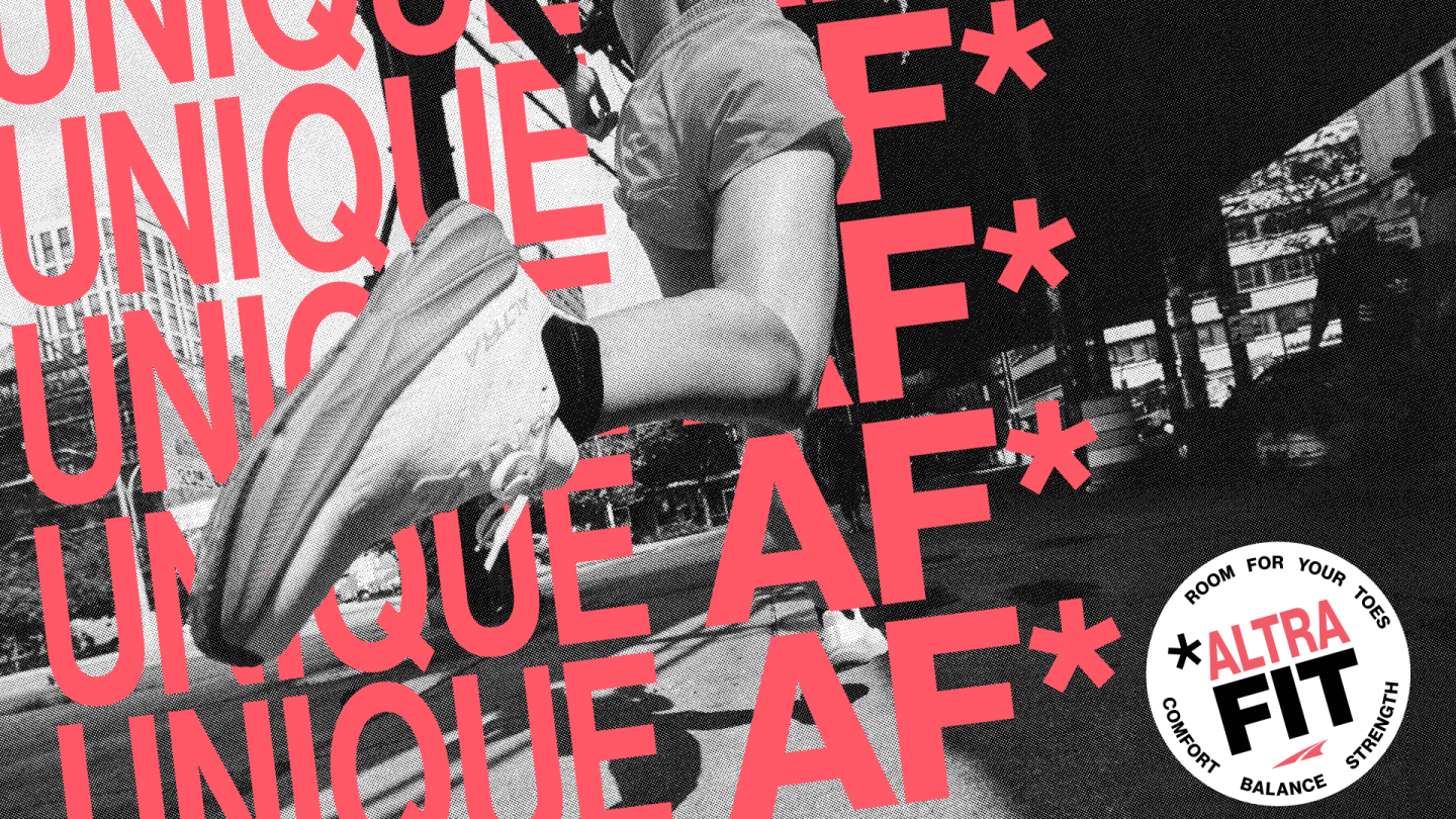 Black and white photo of a sneaker in motion with red "UNIQUE AF*" text.