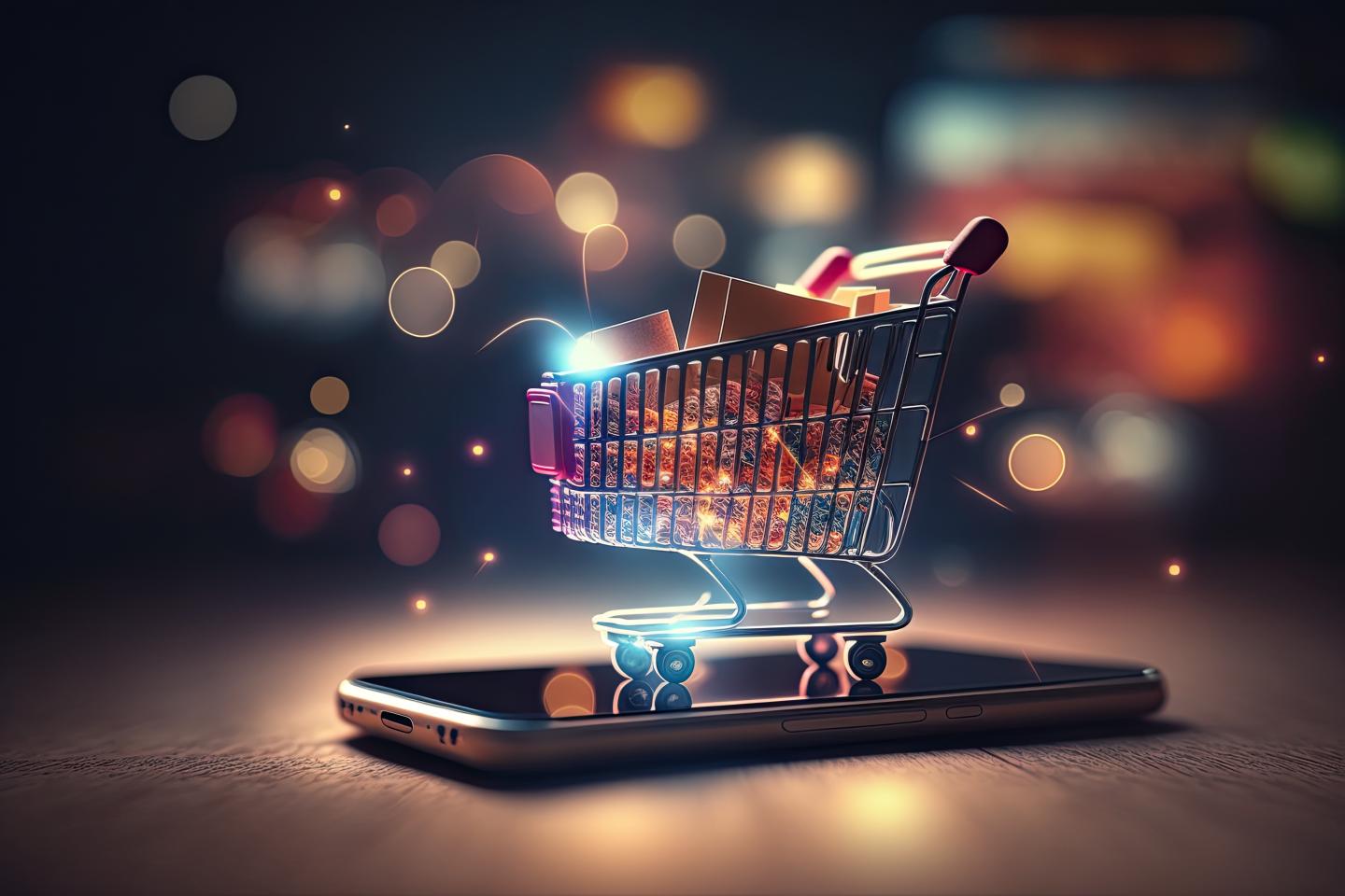 Shopping cart on a smartphone, glowing lights in background.