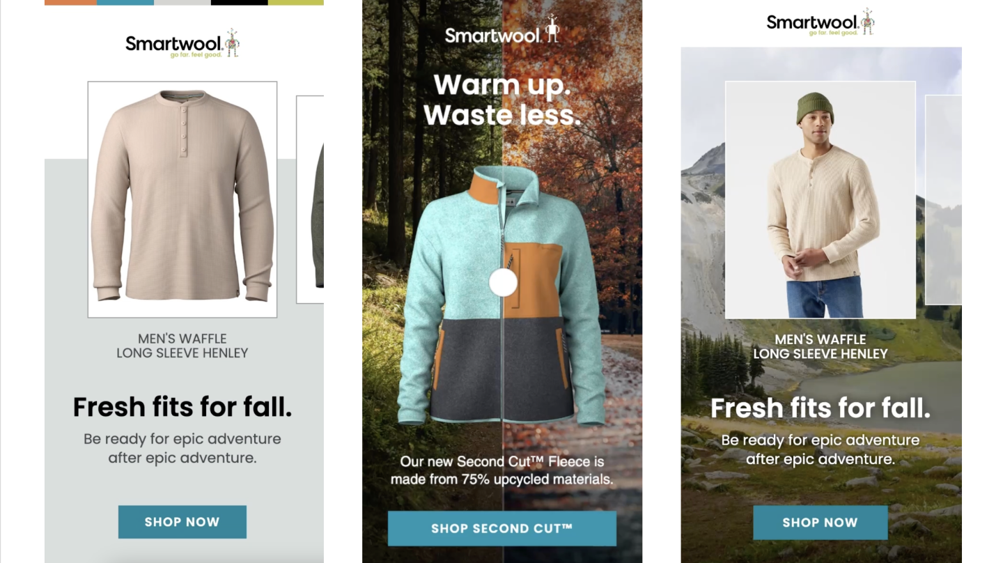 Fashion ads featuring fall sweaters and jackets in nature settings.