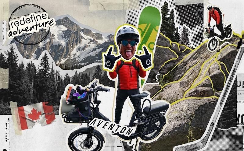 Collage of adventure activities, man on bike, ski slopes, mountains, and Canadian flag graphic.