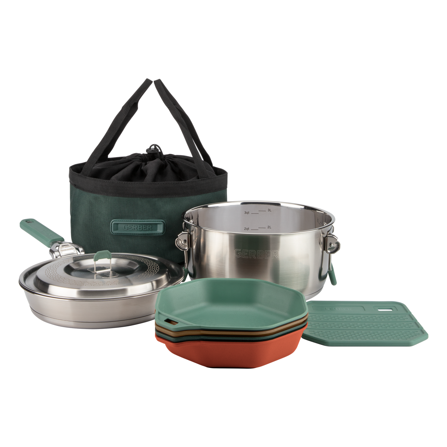 Camping cookware set with stainless pots, pans, and colorful plates.