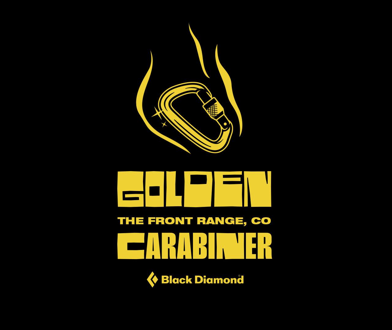 Golden carabiner logo with stylized text and flame design, black background.