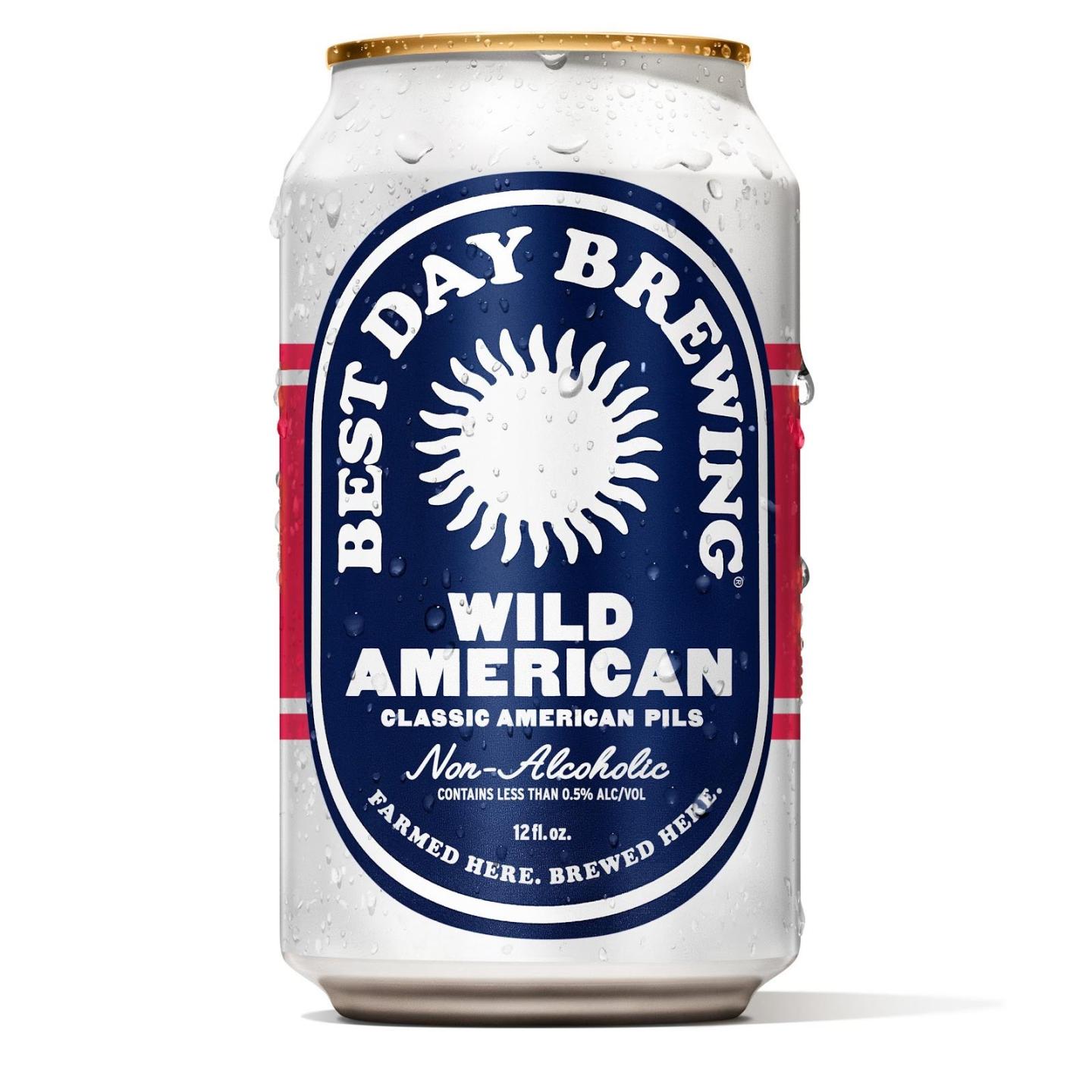 Non-alcoholic beer can labeled "Best Day Brewing Wild American."