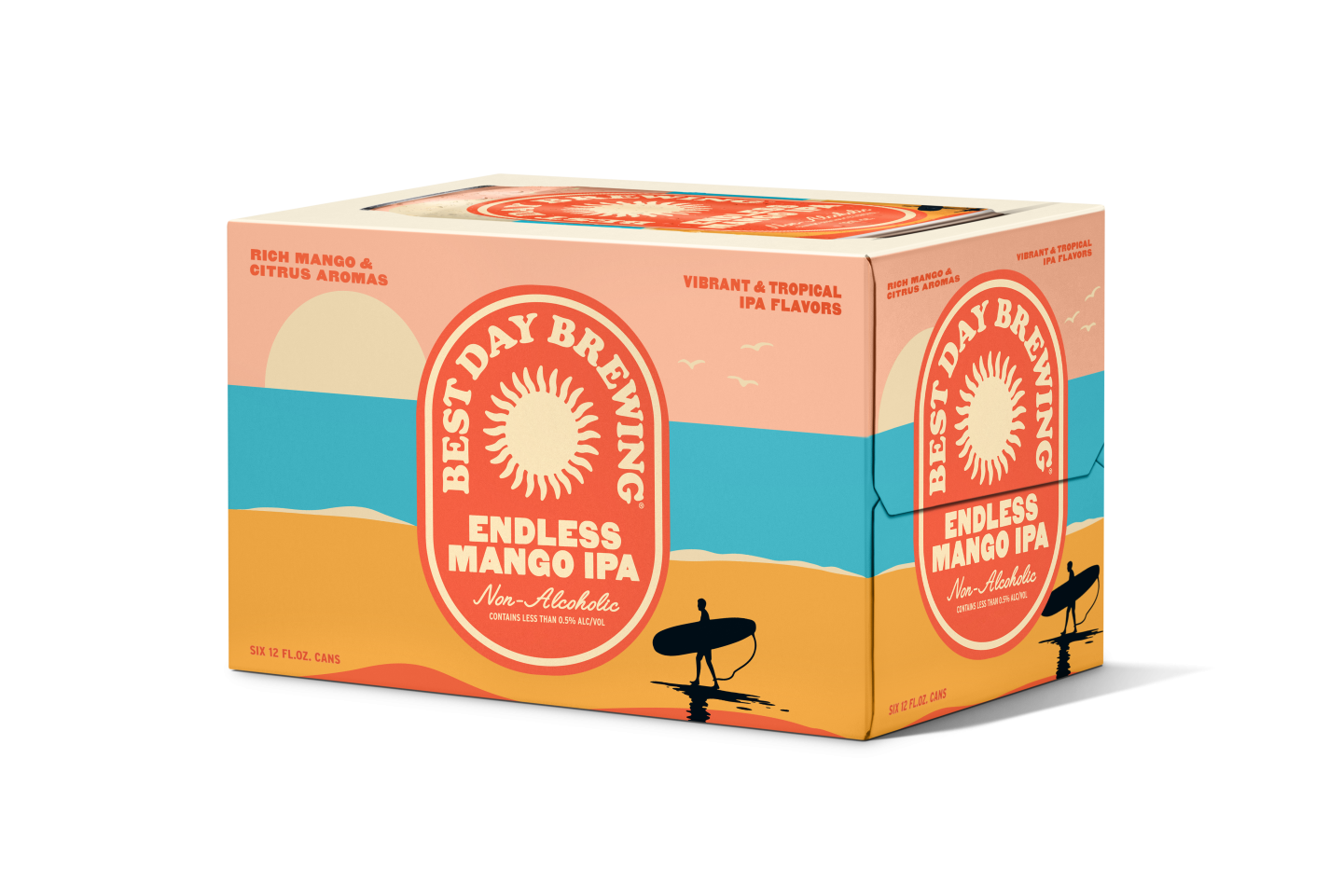 Cardboard box featuring tropical sunset design with surfboards.