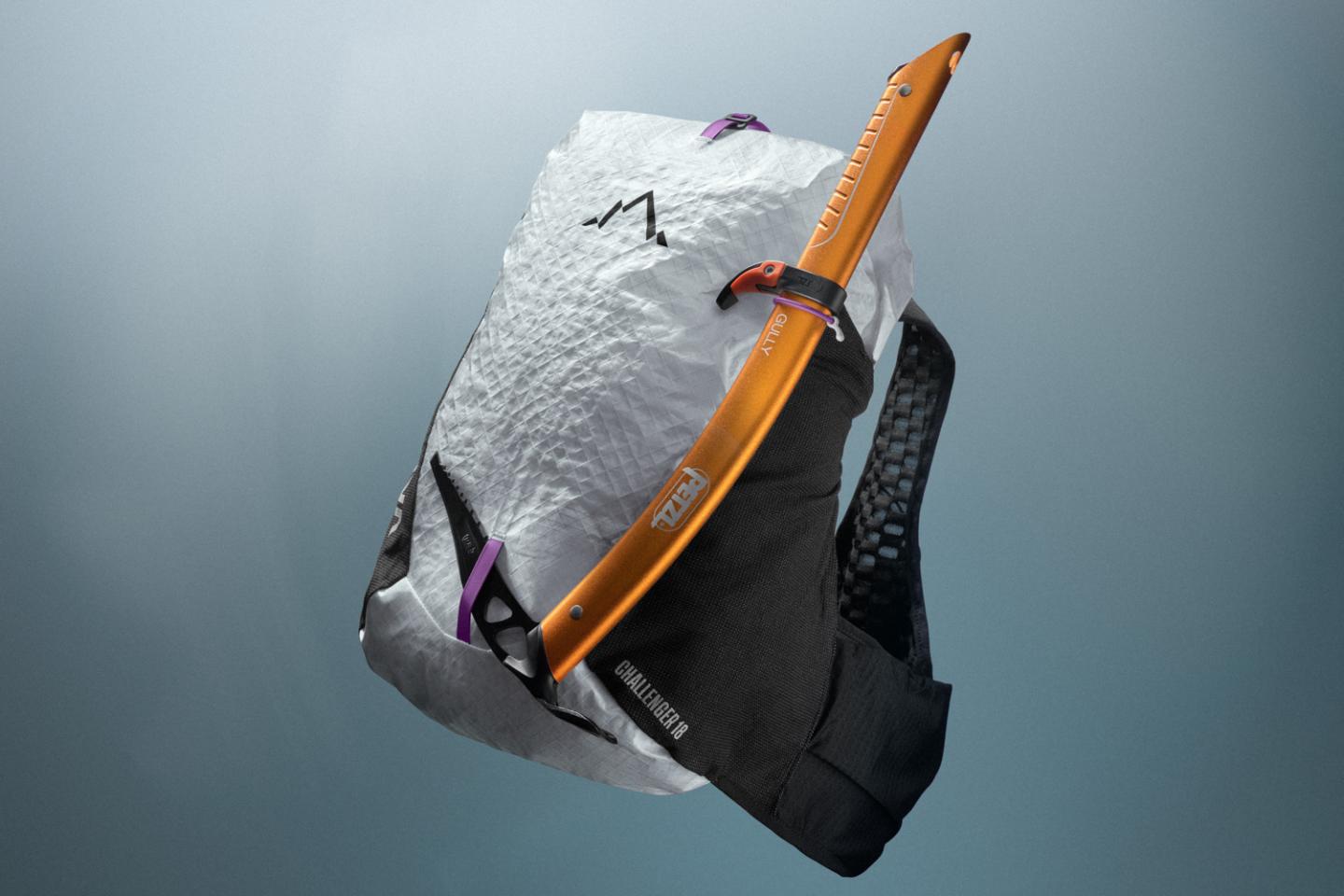 Backpack with an orange climbing tool on a blue gradient background.