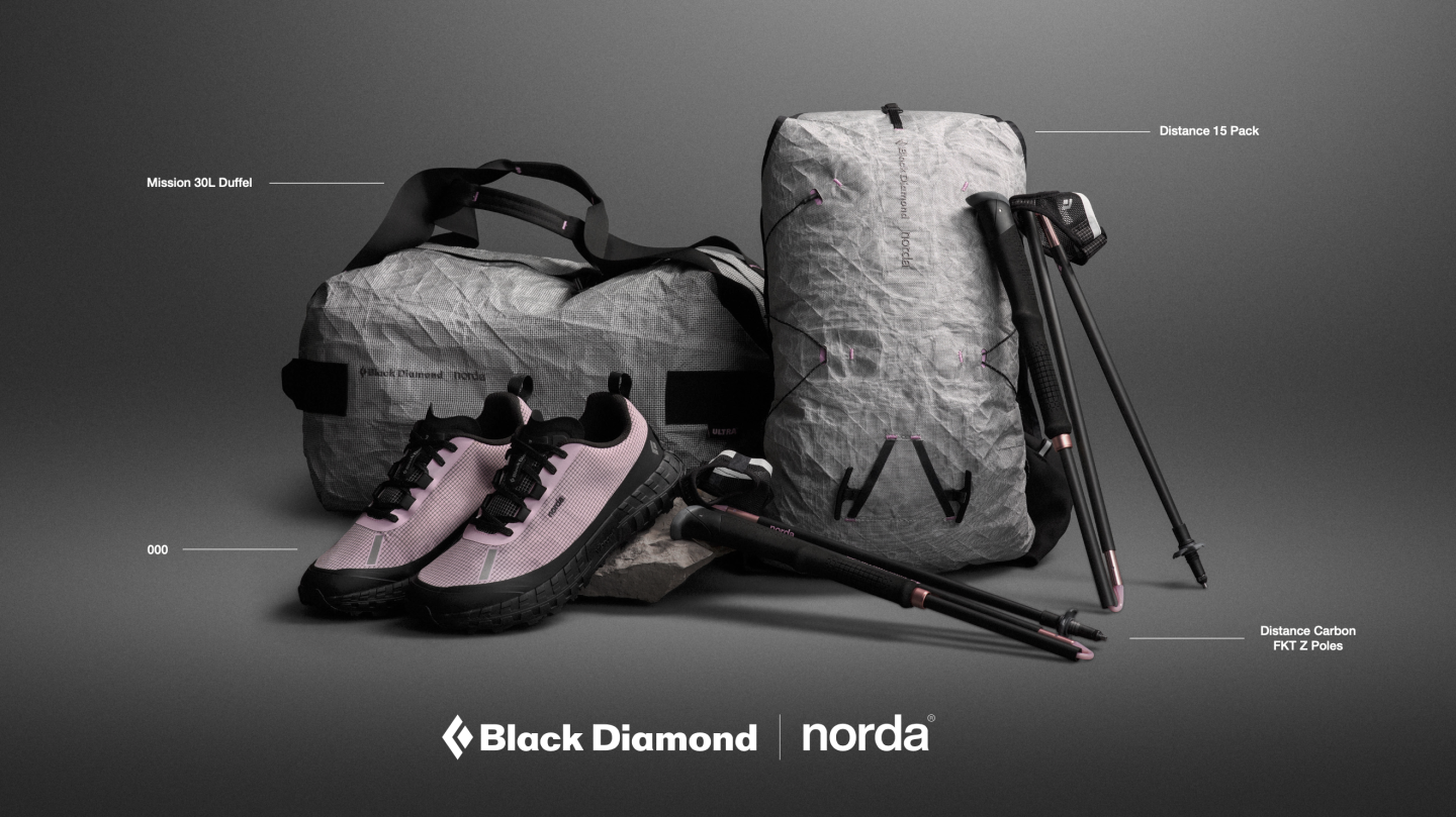 Black Diamond Norda trail running shoes, backpack, trekking poles, and helmet on dark background.