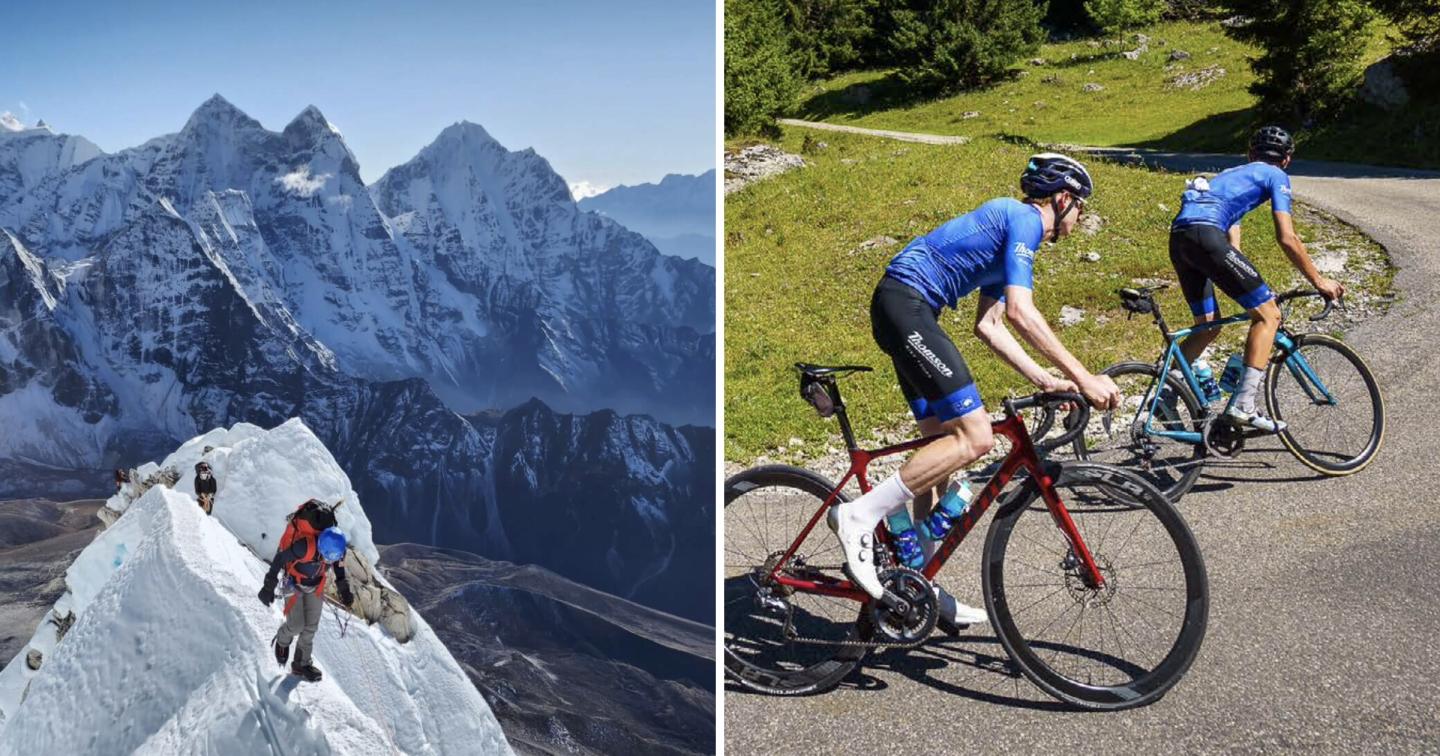 Split photo: climber on snowy mountain ridge and cyclists racing on a road.
