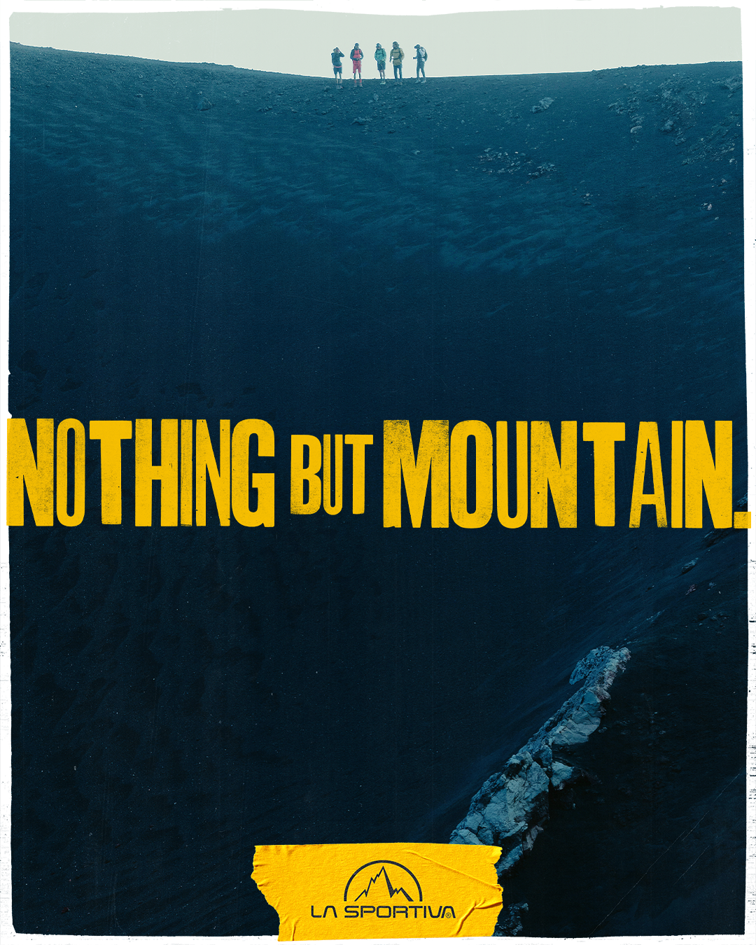 Four hikers atop a mountain above bold yellow text, “Nothing But Mountain.”