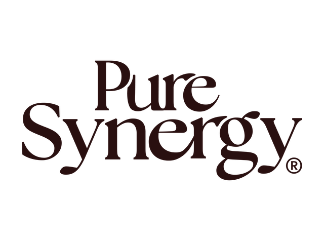 Pure Synergy logo in dark burgundy text on black background.